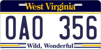 WV license plate OAO356