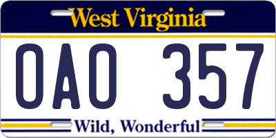 WV license plate OAO357