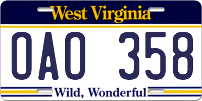 WV license plate OAO358