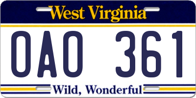WV license plate OAO361