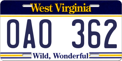 WV license plate OAO362