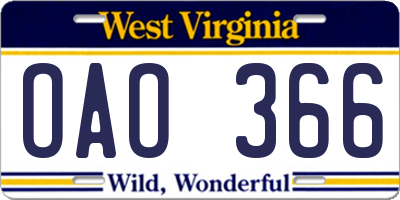WV license plate OAO366