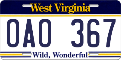 WV license plate OAO367