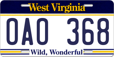 WV license plate OAO368