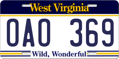 WV license plate OAO369