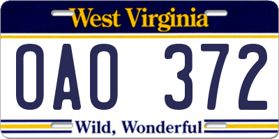 WV license plate OAO372