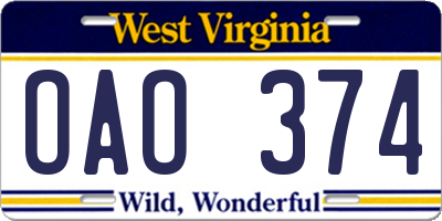 WV license plate OAO374