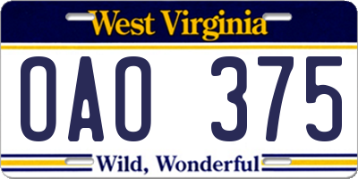 WV license plate OAO375