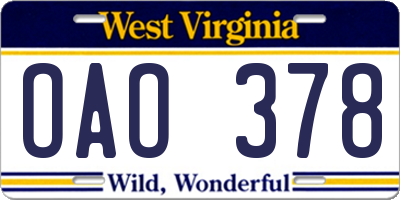 WV license plate OAO378