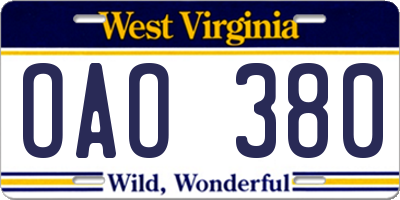 WV license plate OAO380