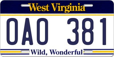 WV license plate OAO381