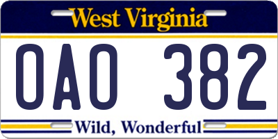 WV license plate OAO382