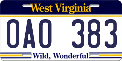 WV license plate OAO383