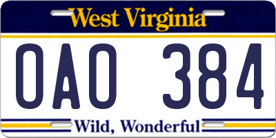 WV license plate OAO384