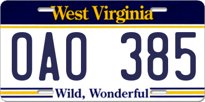 WV license plate OAO385