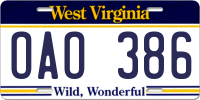 WV license plate OAO386