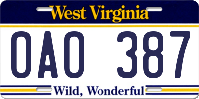 WV license plate OAO387