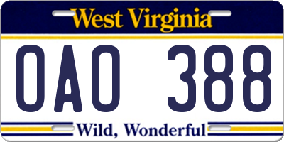 WV license plate OAO388