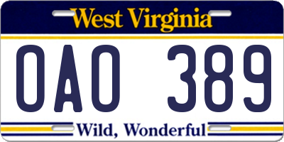 WV license plate OAO389