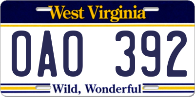 WV license plate OAO392