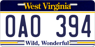 WV license plate OAO394