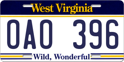 WV license plate OAO396