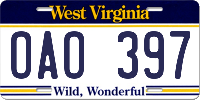 WV license plate OAO397