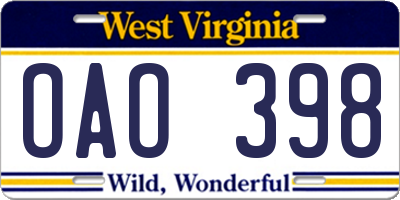 WV license plate OAO398