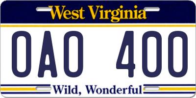 WV license plate OAO400