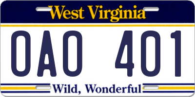 WV license plate OAO401