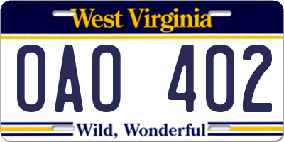 WV license plate OAO402