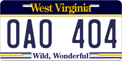 WV license plate OAO404