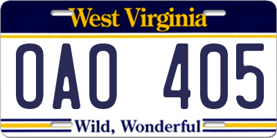WV license plate OAO405