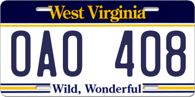 WV license plate OAO408