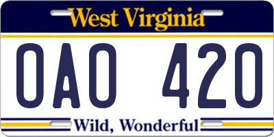 WV license plate OAO420