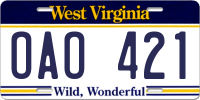 WV license plate OAO421
