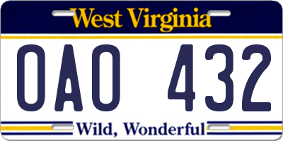 WV license plate OAO432