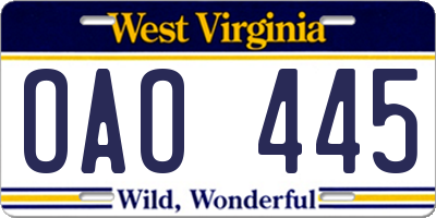 WV license plate OAO445