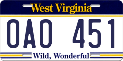WV license plate OAO451