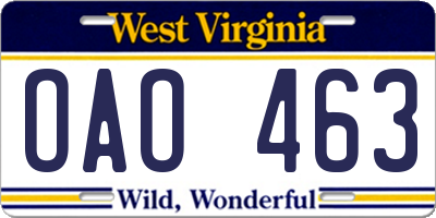 WV license plate OAO463