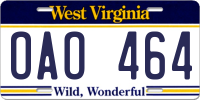 WV license plate OAO464
