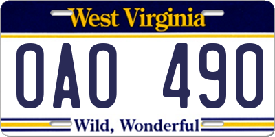 WV license plate OAO490