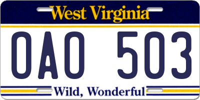 WV license plate OAO503