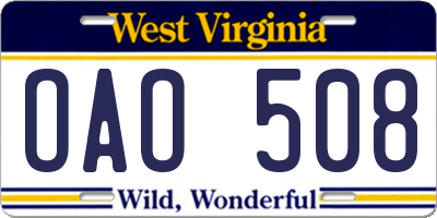 WV license plate OAO508