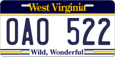 WV license plate OAO522