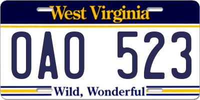 WV license plate OAO523