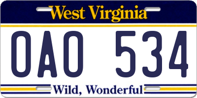 WV license plate OAO534