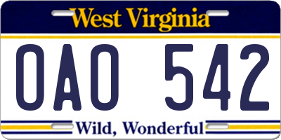 WV license plate OAO542