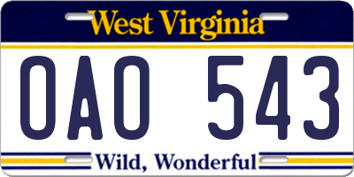 WV license plate OAO543