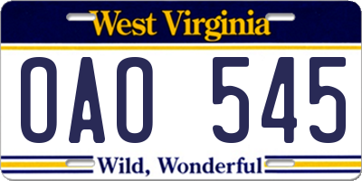 WV license plate OAO545